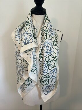 Vintage Loewe Anagram Silk Scarf Cream Green Blue Logo Made in Italy RARE